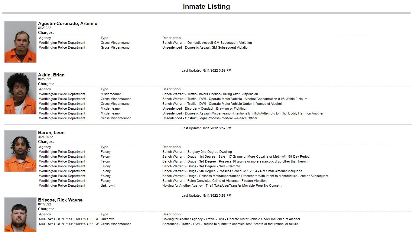 Inmate Listing - Nobles County, Minnesota